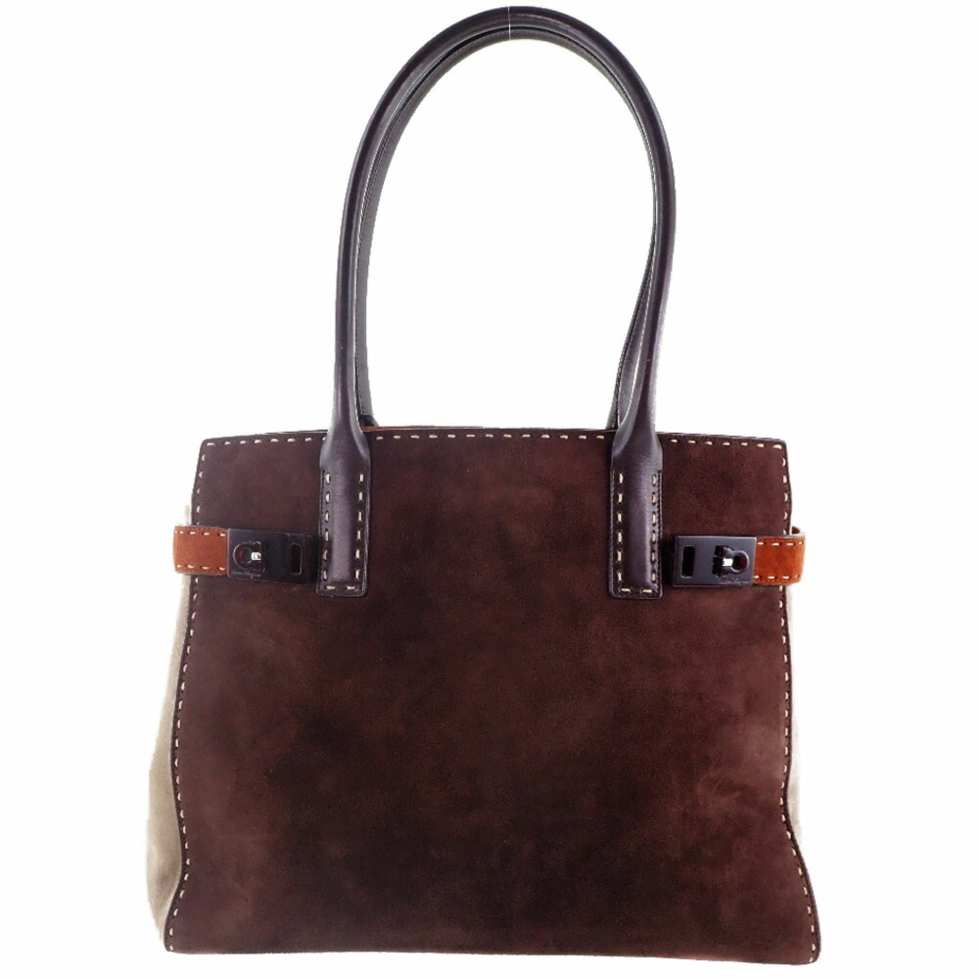 Salvatore Ferragamo Gancini Suede X Leather Brown Ladies Tote Bag